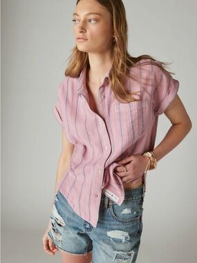 Lucky Brand Pink Short-Sleeve Striped Button-Down Natural Fiber Shirt